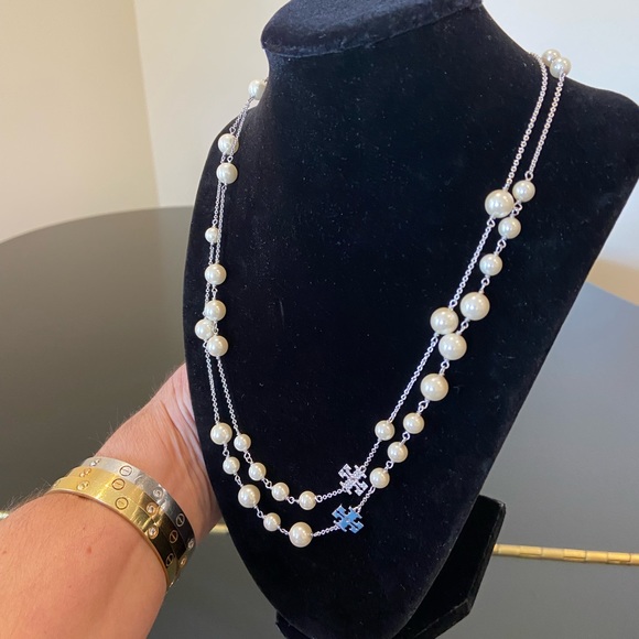 NWT Authentic Luxury Tory Burch Pearl Crystal Rosary Necklace - Picture 6 of 17
